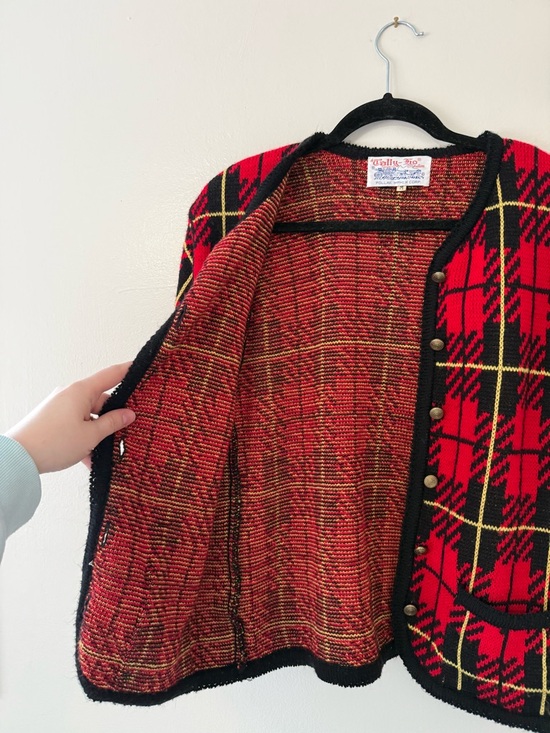 Vintage Tally Ho Red Plaid Knit Jacket with Black Trim 1980s Womens Medium - Picture 5 of 14